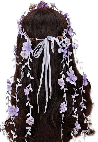 Purple Flower Hippie Headpiece Forest Vines Crown Boho Floral Headband for Women Girls Fairy Bohemian Cosplay Wedding Bridal Shower Renaissance Fair Proms Bachelor Party in Kuwait
