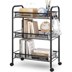 TOOLF 3-Tier Metal Rolling Cart, Mesh Wire Easy Assemble Utility Cart, Storage Trolley on Wheels with 3 Hooks, MetalStorage Shelving Units for Kitchen Bathroom Laundry Room in Kuwait