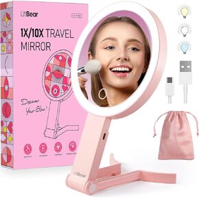 LitBear Travel Makeup Mirror with Lights, Rechargeable Double-Sided 10X/1X Magnifying Mirror, Portable Lighted Beauty Mirror, 3 Color Lighting, Dimmable Touch Screen, Tabletop Handhold Hanging (White)
