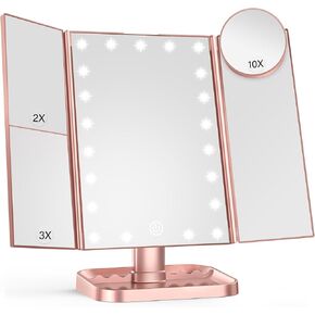 HUONUL Makeup Mirror Vanity Mirror with Lights, 2X 3X 10X Magnification, Lighted Makeup Mirror, Touch Control, Trifold Makeup Mirror, Dual Power Supply, Portable LED Makeup Mirror, Women Gift (White)