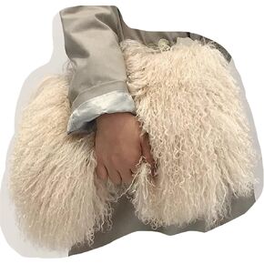 ME-01 Big Fluffy Fur Handbag With Real Mongolian Lamb Fur Long Curly Hair And Long Exchangeable Silver Chain Luxury Shoulder Bag Furry Clutch For Women (One Size, Apricot)