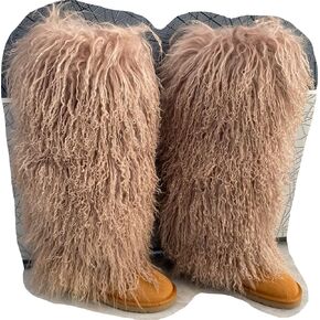 FurinFashion Over Knee High Mongolian Fur Boots Laides Boot with True Tibetan Fluffy Hairy Big Long Curly Hair For Girls Woman's Women Adults Size Skinning Winter Snowing Warm Shoes Flat Boots Blue Grey Pink Color (7, Khaki)