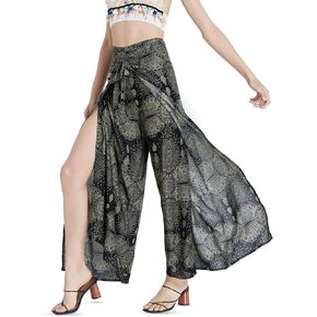 Women's High Waist Side Slit Wrap Pants - Tie Up Front and Back - Around Pants to Jumpsuit for Casual, Yoga, Work, Swim Beach Cover Up, Summer Fashion (Green)