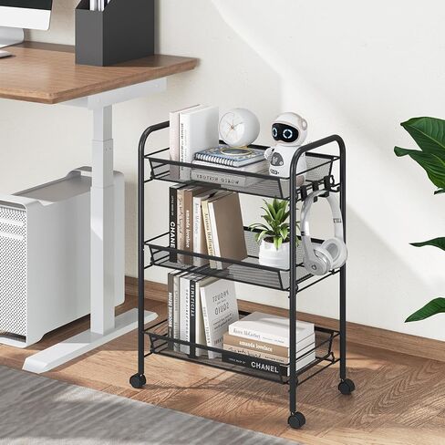 TOOLF 3-Tier Metal Rolling Cart, Mesh Wire Easy Assemble Utility Cart, Storage Trolley on Wheels with 3 Hooks, MetalStorage Shelving Units for Kitchen Bathroom Laundry Room in Kuwait