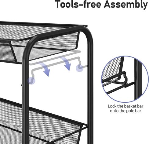 TOOLF 3-Tier Metal Rolling Cart, Mesh Wire Easy Assemble Utility Cart, Storage Trolley on Wheels with 3 Hooks, MetalStorage Shelving Units for Kitchen Bathroom Laundry Room in Kuwait