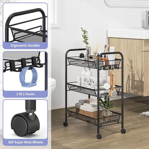 TOOLF 3-Tier Metal Rolling Cart, Mesh Wire Easy Assemble Utility Cart, Storage Trolley on Wheels with 3 Hooks, MetalStorage Shelving Units for Kitchen Bathroom Laundry Room in Kuwait