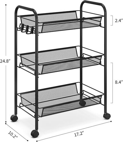 TOOLF 3-Tier Metal Rolling Cart, Mesh Wire Easy Assemble Utility Cart, Storage Trolley on Wheels with 3 Hooks, MetalStorage Shelving Units for Kitchen Bathroom Laundry Room in Kuwait