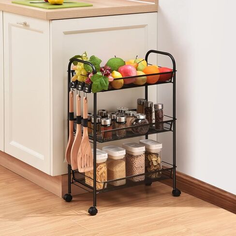 TOOLF 3-Tier Metal Rolling Cart, Mesh Wire Easy Assemble Utility Cart, Storage Trolley on Wheels with 3 Hooks, MetalStorage Shelving Units for Kitchen Bathroom Laundry Room in Kuwait