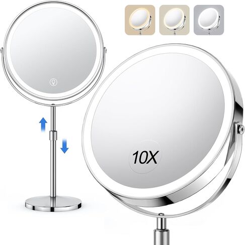 10x Large Lighted Makeup Mirror, Rechargeable 8" Height Adjustable Vanity Mirror, 1x/10x Magnifying Mirror with 3 Color, Brightness Adjustable, 360° Rotation Double Sided Mirror, Gift for Women in Saudi Arabia