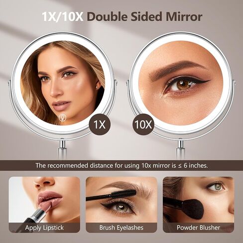 10x Large Lighted Makeup Mirror, Rechargeable 8" Height Adjustable Vanity Mirror, 1x/10x Magnifying Mirror with 3 Color, Brightness Adjustable, 360° Rotation Double Sided Mirror, Gift for Women in Saudi Arabia