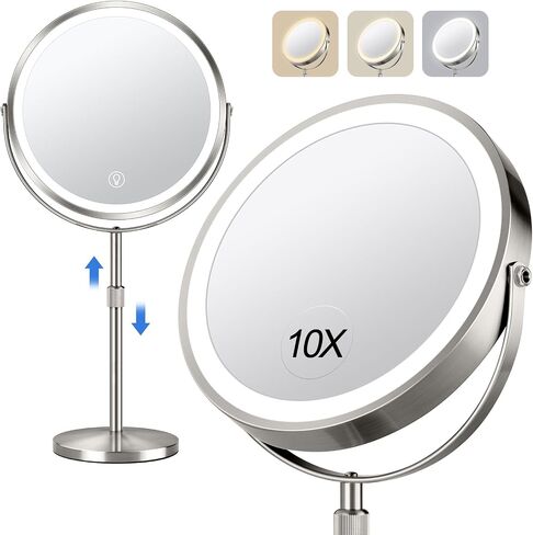 10x Large Lighted Makeup Mirror, Rechargeable 8" Height Adjustable Vanity Mirror, 1x/10x Magnifying Mirror with 3 Color, Brightness Adjustable, 360° Rotation Double Sided Mirror, Gift for Women in Saudi Arabia