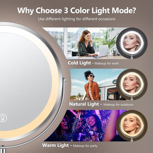 10x Large Lighted Makeup Mirror, Rechargeable 8" Height Adjustable Vanity Mirror, 1x/10x Magnifying Mirror with 3 Color, Brightness Adjustable, 360° Rotation Double Sided Mirror, Gift for Women in Saudi Arabia