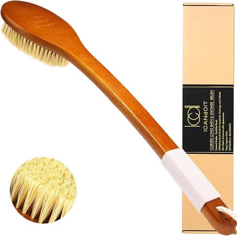 ICANdOIT-17.71Inch Natural Boar Bristles Anti-Slip Curved Long Handle Bath Brush,Bent Handle Shower Scrubber for Exfoliating,Shower Back Brush in Saudi Arabia