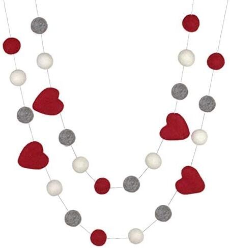 Valentine's Day Garland- 6 ft string with 25 adjustable shapes- 1" Felt Balls, 1.75" Hearts- 100% Wool- Handmade by Matthew and Mae- Mantle Banner, Shelf Decor (Red/Turquoise/Baby Pink/Gray/White) in Saudi Arabia