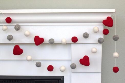 Valentine's Day Garland- 6 ft string with 25 adjustable shapes- 1" Felt Balls, 1.75" Hearts- 100% Wool- Handmade by Matthew and Mae- Mantle Banner, Shelf Decor (Red/Turquoise/Baby Pink/Gray/White) in Saudi Arabia