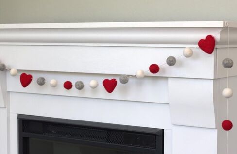 Valentine's Day Garland- 6 ft string with 25 adjustable shapes- 1" Felt Balls, 1.75" Hearts- 100% Wool- Handmade by Matthew and Mae- Mantle Banner, Shelf Decor (Red/Turquoise/Baby Pink/Gray/White) in Saudi Arabia