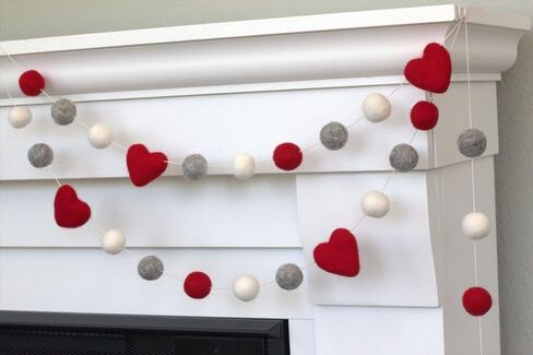 Valentine's Day Garland- 6 ft string with 25 adjustable shapes- 1" Felt Balls, 1.75" Hearts- 100% Wool- Handmade by Matthew and Mae- Mantle Banner, Shelf Decor (Red/Turquoise/Baby Pink/Gray/White) in Saudi Arabia