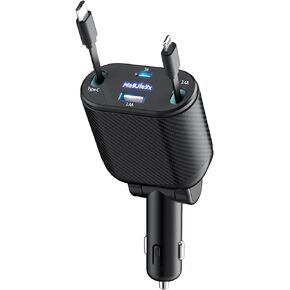 Retractable Car Charger 4 in 1 Fast Charging Adapter 62W Retractable Type-C/Lightning Cables and USB C/USB A QC & PD Devices for iPhone 15/14/13/12Pro Max Plus,iPad,AirPods, Galaxy,Google