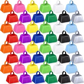 48 Pcs Cowbells Noise Maker with Handles Small Cow Bell Bulk Hand Percussion Cowbells Assorted Color Metal Cowbells for Sporting Events, Cheering, Team Spirit, Noisemakers, Weddings, 3 Inch