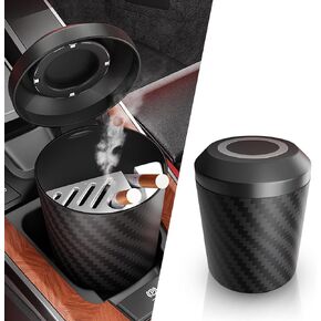 1 PC Car Ashtray, Carbon Fiber with Lid Multifunctional Mini Car Trash Box, Detachable Portable Smokeless Car Ashtray, Universal Garbage Can for Most Cars (Black)