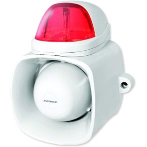 Seco-Larm SH-816S-SQ/R Self-Contained Siren With Strobe Light, 120dB Warble-tone Siren, Audio Input For Broadcasting Messages Or Audio Playback, IP65 Weatherproof, White with Red Light