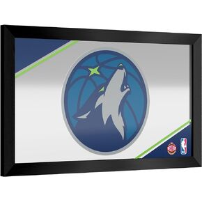 Trademark Global Wall Mirror - Ready-to-Hang Minnesota Timberwolves Logo Black Framed Rectangle Mirror - for Pub, Game Room, Garage or Home Bar