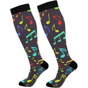 Colored Musical Notes Compression Socks Women & Men, 1 Pair Gym Running Hiking Sport Knee High Stockings