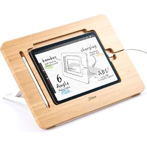 ELETIUO Adjustable Tablet Stand with Pencil&Charger Cable Slot,Bamboo Wooden Stand with Multiple Angles,Organizer Desktop Holder for Drawing,Compatible with ipads(Support to 9.7-11" Devices)