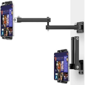 Foldable Tablet Wall Mount Holder, 360° Rotation Tablet Holder Stand with Adjustable Extension Arm, Sturdy Metal Base, Kitchen Wall Mount Bracket Holder for All 4.7-12.9 Inch Tablet & Phones