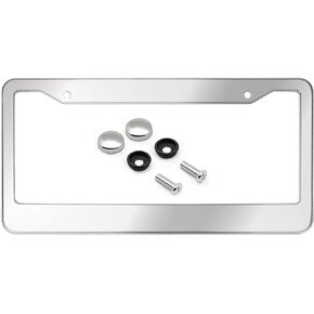License Plate Frames - Heavy Duty Metal Stainless Steel Front & Rear Car Tag Cover, 2 Pack Rust Proof Mirror Polish Holder, with Mounting Hardware Kit- Screws Bolts, Chrome Caps, Anti Rattle Pads