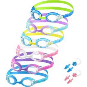 Macarrie 6 Pcs Kids Swim Goggles No Leaking Anti Fog Swimming Goggles for Kids Boys Girls with Nose Clip Earplugs, Age 3-14
