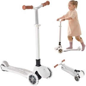 MomnLittle Foldable Kids 3 Wheels Scooter(Pink/Beige/White/Navy) with LED Light-Flashing Wheels Adjustable Handlebar Height for Boys Girls