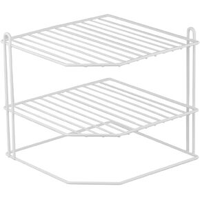 Home Basics Corner Rack, White, Vinyl Coated Steel, Rust Resistant, 2-Tier Shelf, Keeps Spices and Cups Organized, 9x9x8.5in