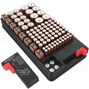 Battery Organizer Storage case with Battery Tester for AAA AA C D 9V and Button Batteries Storage Box Holds 110 Batteries Various Sizes with Removable Digital Battery Tester