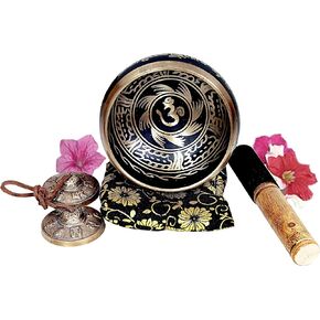 Large 5 Inch Tibetan Peace Mind Sound Singing Bowl Tingsha Cymbals Set - With Mallet and Cushion, Additional Gifts Inside - for Yoga, Meditation WITH BRASS MAZIRA FREE in Kuwait