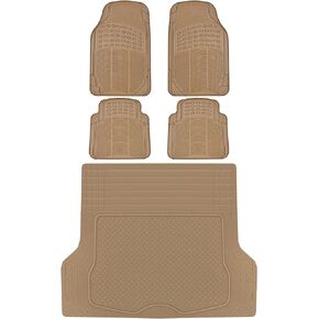 BDK OF-554 Rubber Car Floor Mats, Universal Front & Rear Combo Set with Trunk Cargo Mat Liner for Car Sedan SUV Van, Heavy Duty All Weather Trim to Fit Beige