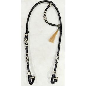Leather One Ear Western Headstall Bridle with Hand Braided Black & White Rawhide Knots Hair Tassel Black Color Raw-Hide Western Raw-Hide Leather Braided Headstall