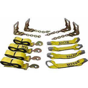 Mytee Products 8 Point Roll Back Vehicle Tie Down Kit with Chain Extension on Both Ends - 18 FT Straps, Ratchet Handles - Working Load Limit 3333 LB - Tow Truck Straps Car Hauler Tie Down System