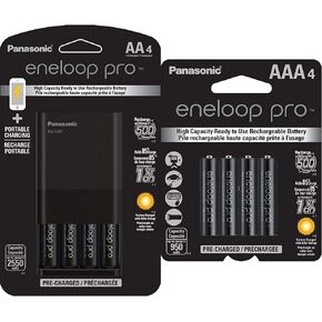 Panasonic K-KJ87KHA4BA Individual Battery Charger with Portable Charging Technology and 4AA eneloop pro Rechargeable Batteries, Black