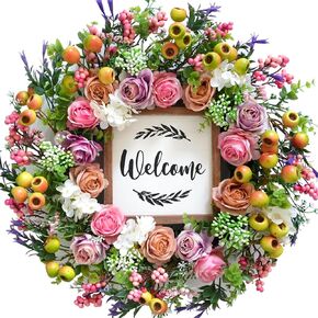 Bibelot Spring Wreath for Front Door, 18 inch Artificial Berries and Colorful Flower Wreath with Welcome Sign, Spring/Summer Greenery Wreath for Front Door Wall Window Festival Decor