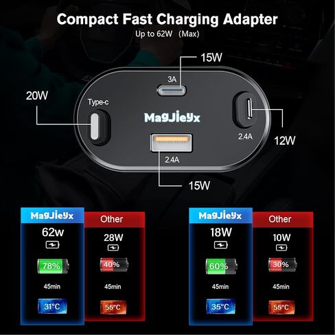 شاحن سيارة قابل للسحب 4 في 1 محول شحن سريع 62 وات كابلات من النوع C/Lightning قابلة للسحب وأجهزة USB C/USB A QC وPD لأجهزة iPhone 15/14/13/12Pro Max Plus، iPad، AirPods، Galaxy، Google in Saudi Arabia