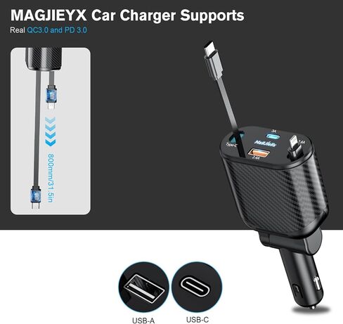 شاحن سيارة قابل للسحب 4 في 1 محول شحن سريع 62 وات كابلات من النوع C/Lightning قابلة للسحب وأجهزة USB C/USB A QC وPD لأجهزة iPhone 15/14/13/12Pro Max Plus، iPad، AirPods، Galaxy، Google in Saudi Arabia