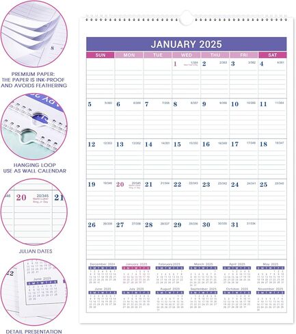 تقويم حائط 2024-2025 - يوليو 2024 - ديسمبر 2025، تقويم حائط 18 شهرًا 2024-2025، 12 بوصة × 17 بوصة، كتل كبيرة، تقويم 2024-2025، غلاف حلزوني in Saudi Arabia