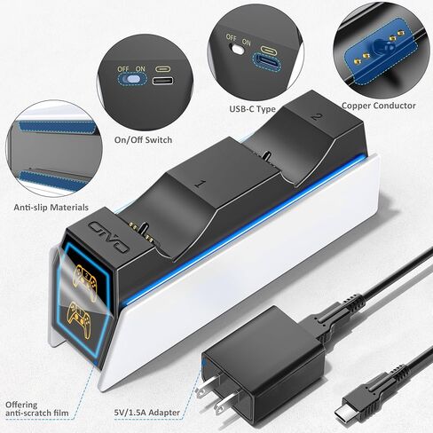 شاحن PS5 مع محول تيار متردد متوافق مع وحدة تحكم PS5، ملحقات شاحن وحدة تحكم PS5 السريعة لوحدة تحكم PS5 وPS5 Edge، محطة شحن PS5 مع مؤشر LED in Kuwait