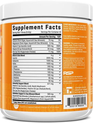 RSP AminoLean Blood Orange Flavor Post Workout Recovery Immunity Support, Vegan, No Sugar Added, 8.42 Ounce (Pack of 1) in Kuwait