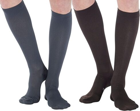 الدعم المطلق (4 أزواج) جوارب ضغط للرجال 20-30 مم زئبق - خرطوم ضغط قطني متدرج للرجال للعمل بالطائرة - صنع في الولايات المتحدة الأمريكية - رمادي وبني، كبير in Kuwait