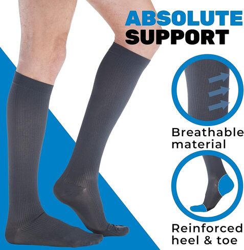 الدعم المطلق (4 أزواج) جوارب ضغط للرجال 20-30 مم زئبق - خرطوم ضغط قطني متدرج للرجال للعمل بالطائرة - صنع في الولايات المتحدة الأمريكية - رمادي وبني، كبير in Kuwait