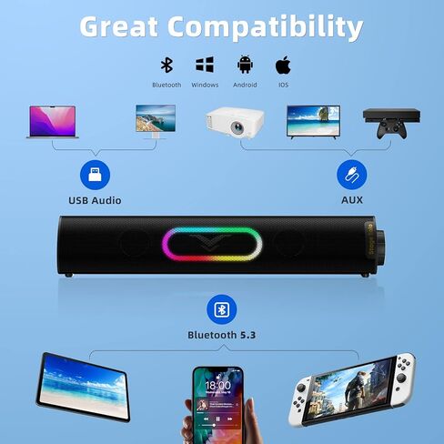 Solo Computer Speakers for Desktop PC, HiFi Stereo Soundbar with 4 RGB Modes, Bluetooth 5.3 & USB Plug-N-Play & 3.5mm Wired Connection, USB Powered Speakers for PC/Laptop/Desktop/Projector/Gaming in Kuwait