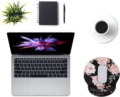 MOSISO Mouse Pad with Wrist Rest Support, Peony Ergonomic Mousepad Non-Slip Base Comfortable Home/Office Pain Relief & Easy Typing Cushion for Laptop with Neoprene Cloth & Raised Memory Foam, Black in Saudi Arabia