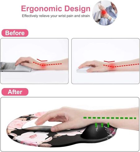 MOSISO Mouse Pad with Wrist Rest Support, Peony Ergonomic Mousepad Non-Slip Base Comfortable Home/Office Pain Relief & Easy Typing Cushion for Laptop with Neoprene Cloth & Raised Memory Foam, Black in Saudi Arabia